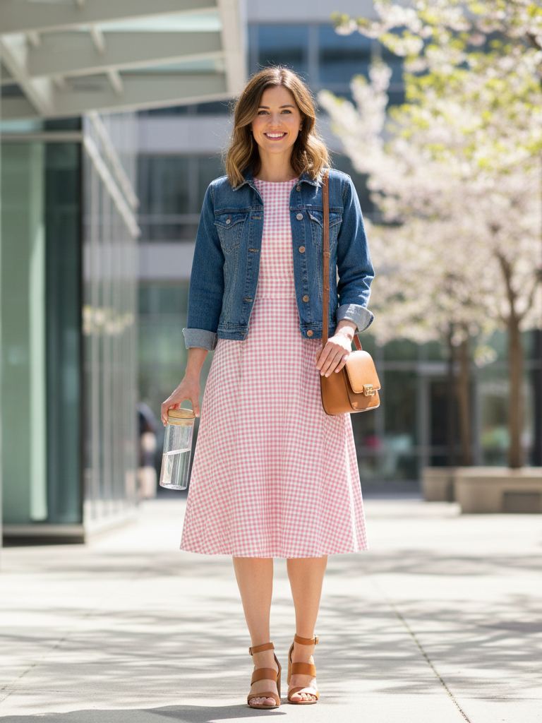 Pink & White Patterned Midi Dress + Denim Jacket + Block Heel Sandals