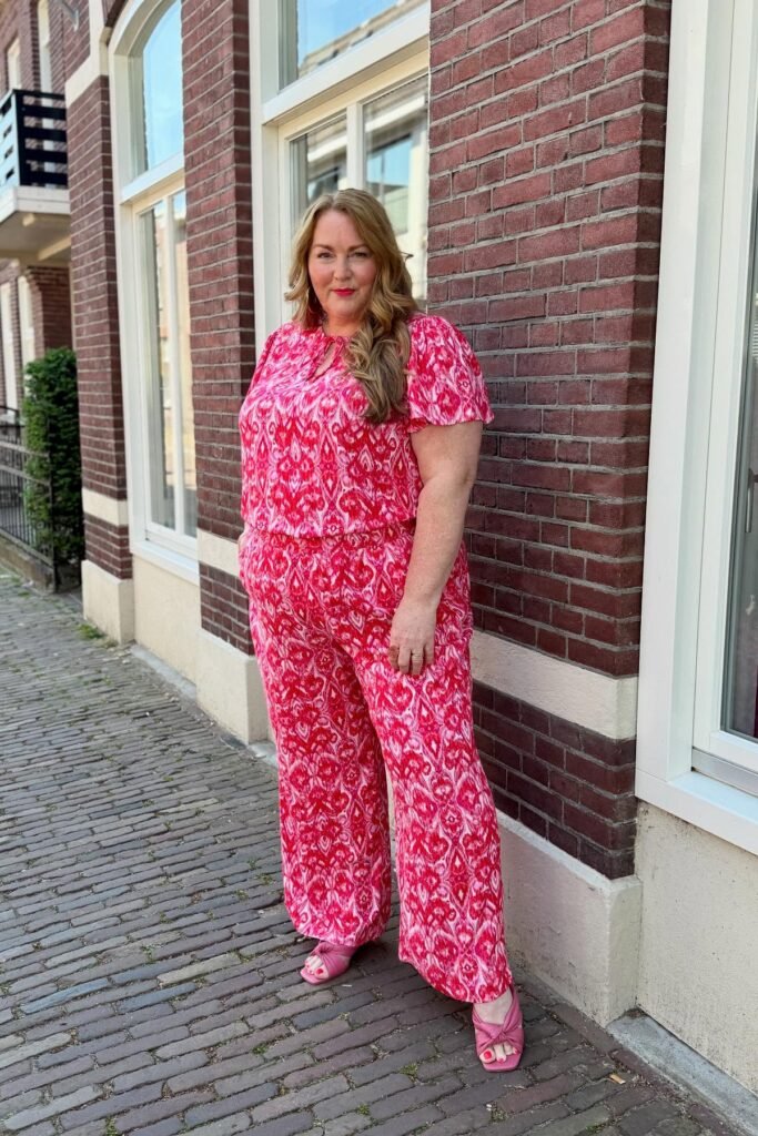 Pink and Red Abstract Print Blouse + Matching Wide-Leg Pants + Pink Knotted Sandals