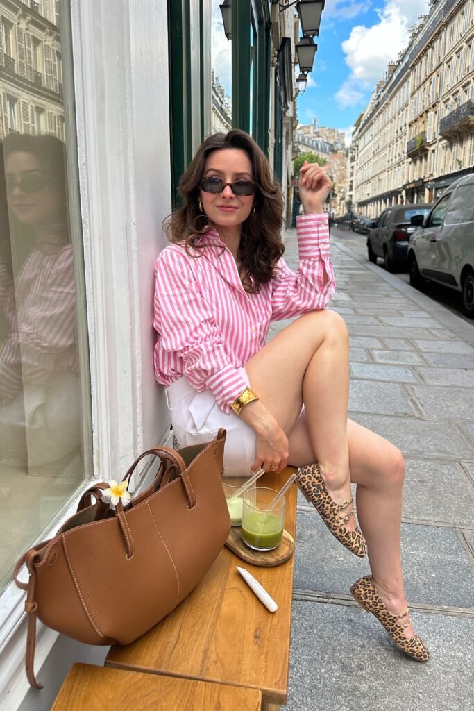 Pink and White Striped Button-Down + White Tailored Shorts + Leopard Print Mary Jane Flats
