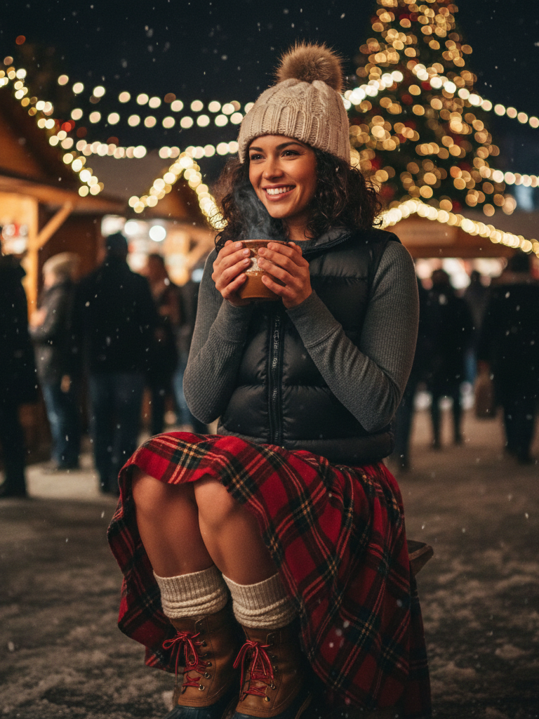 Plaid Blanket Skirt + Simple Tee + Puffer Vest + Bean Boots