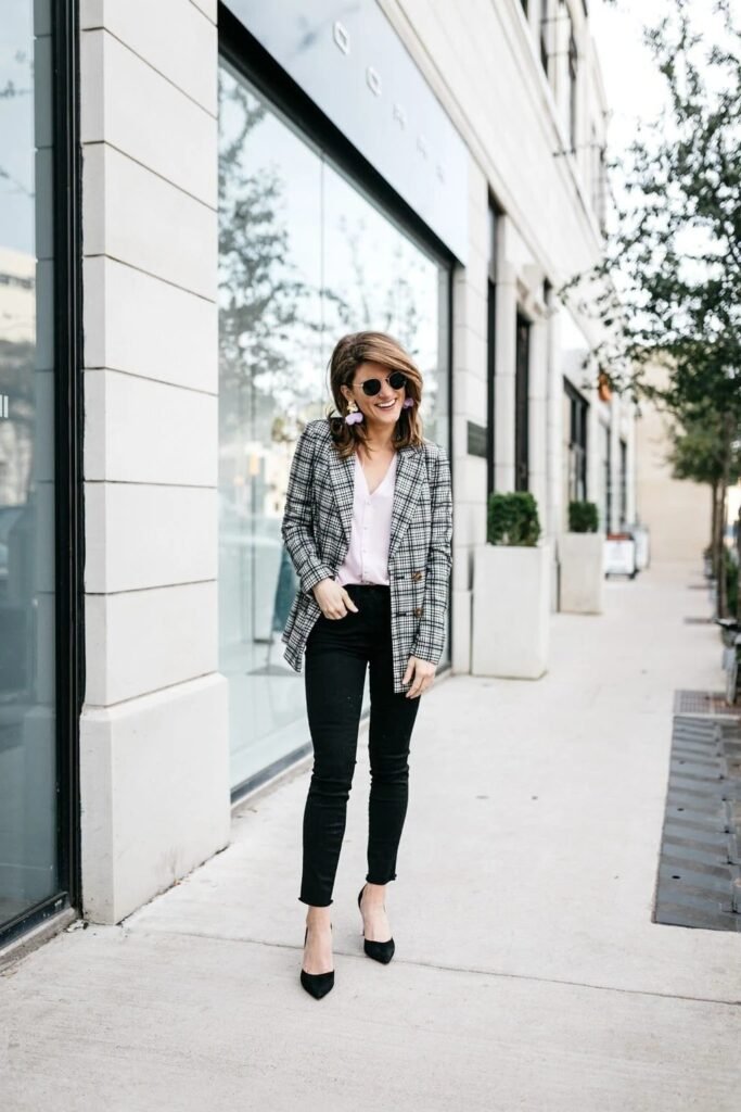 Plaid Double-Breasted Blazer + Pale Pink Blouse + Black Skinny Jeans + Black Pointed Pumps