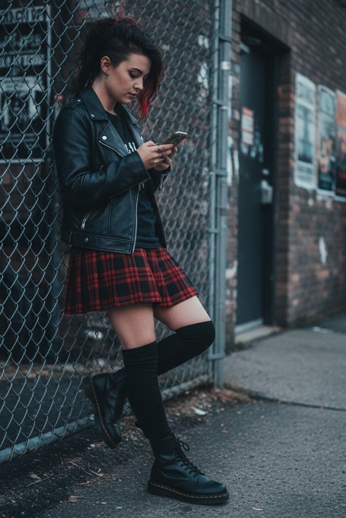Plaid Skirt + Band Tee + Faux Leather Jacket + Knee High Socks