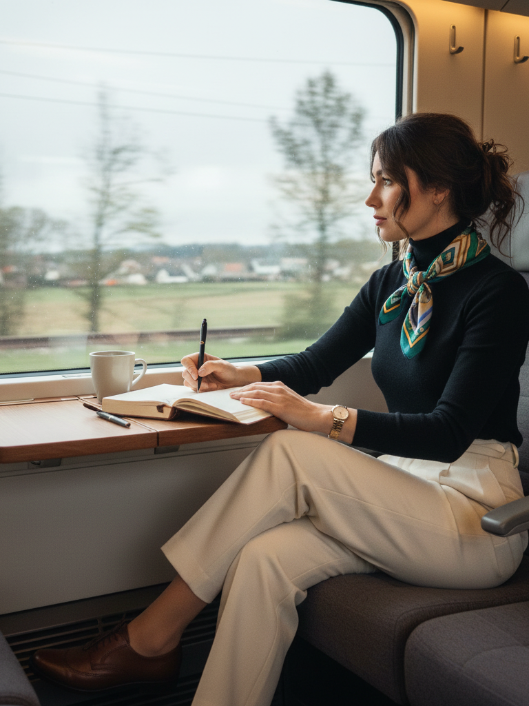 Pleated Trousers + Fine Gauge Sweater + Scarf