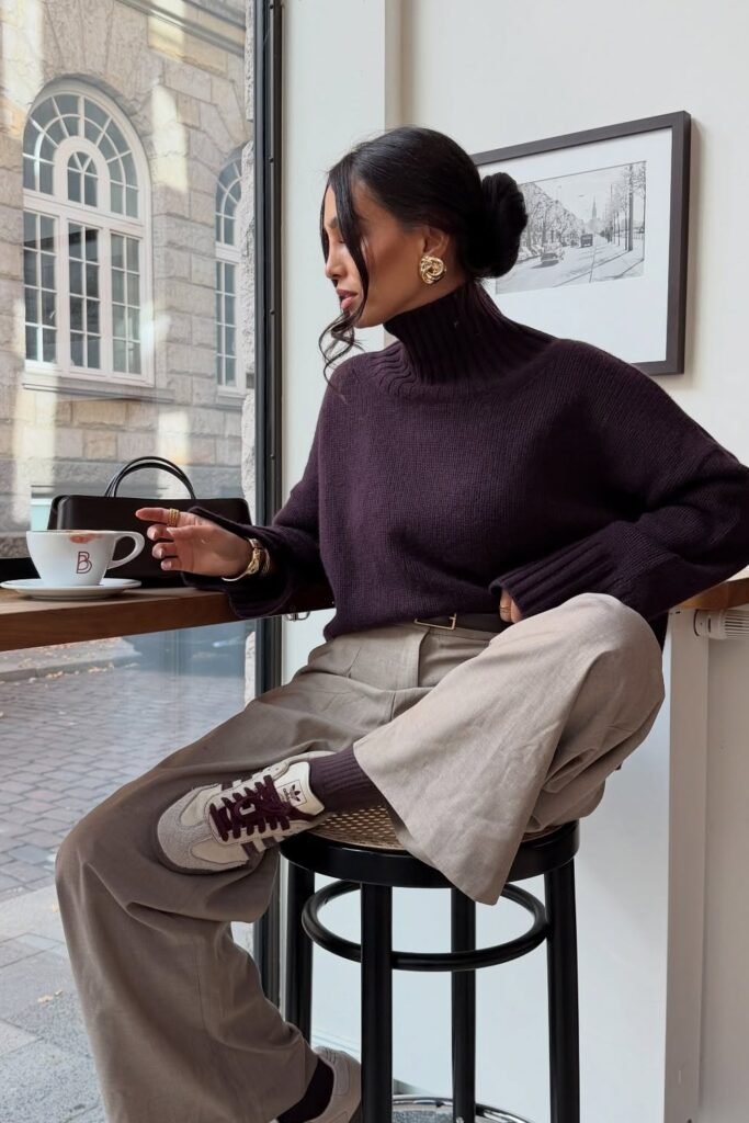 Plum Turtleneck Sweater + Beige Wide-Leg Trousers + Maroon & Beige Sneakers