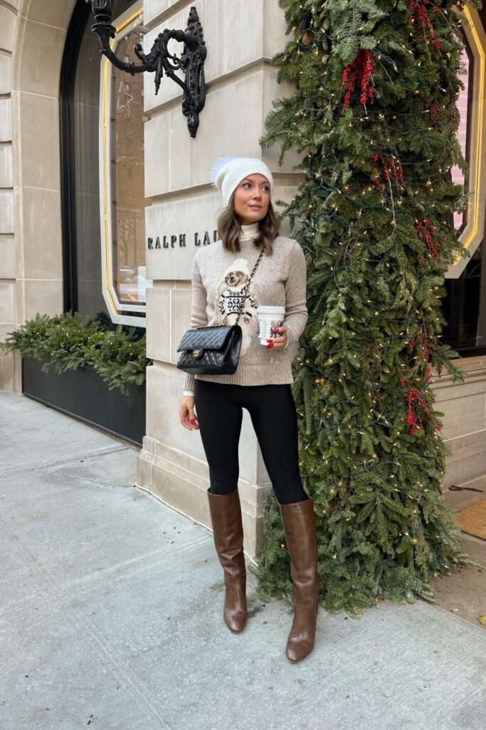 Polo Bear Beige Sweater + Black Leggings + Brown Leather Knee-High Boots