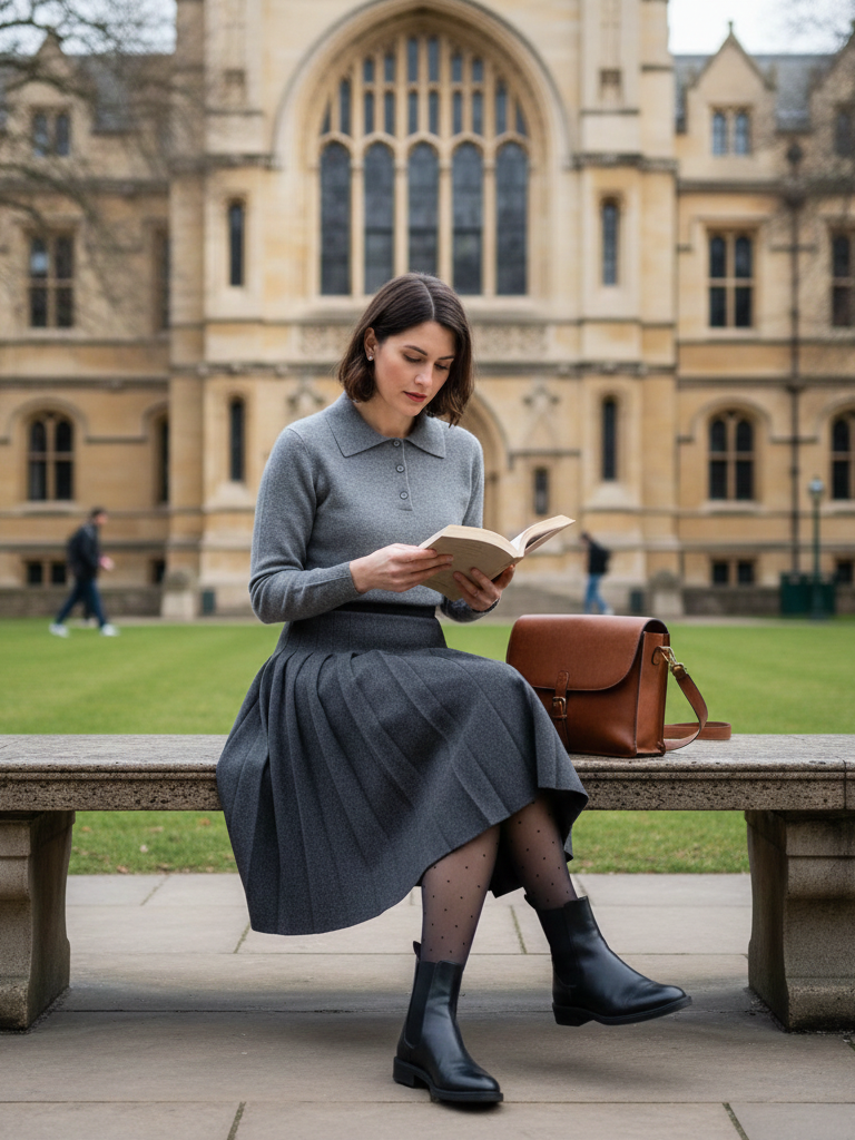 Polo Sweater + Pleated Midi Skirt + Ankle Boots