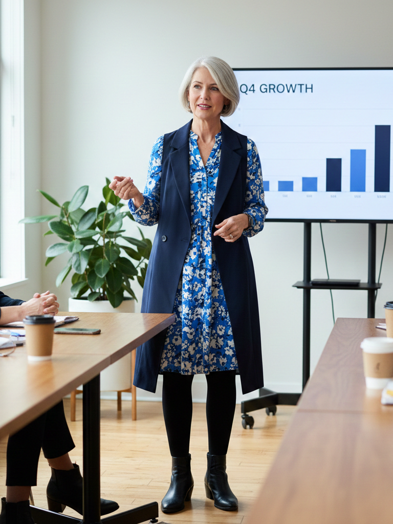 Printed Tunic Dress + Leggings + Longline Vest