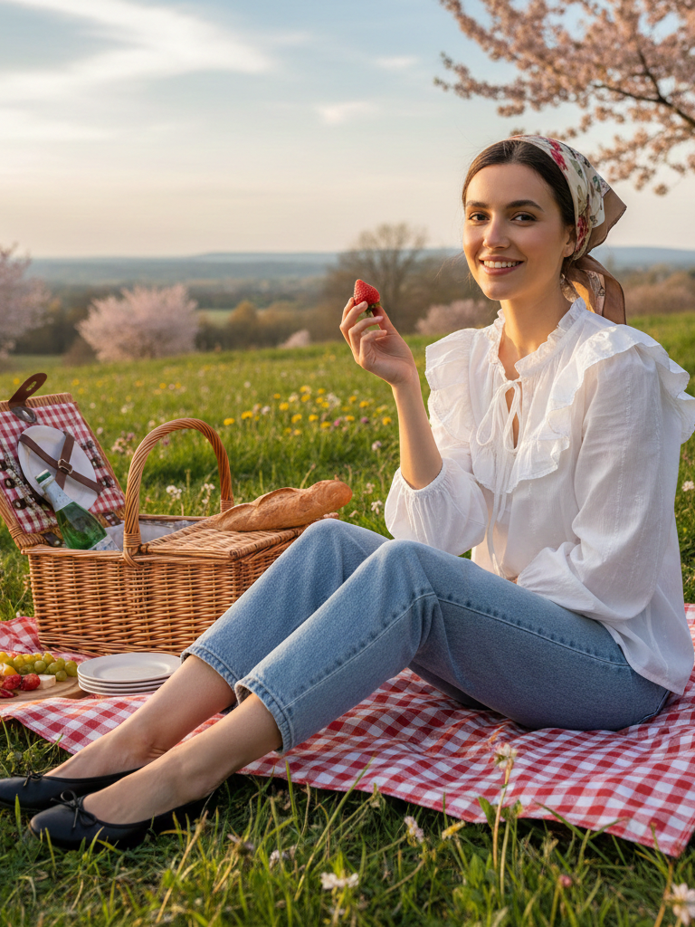 Puff Sleeve Blouse + Straight-Leg Jeans + Ballet Flats