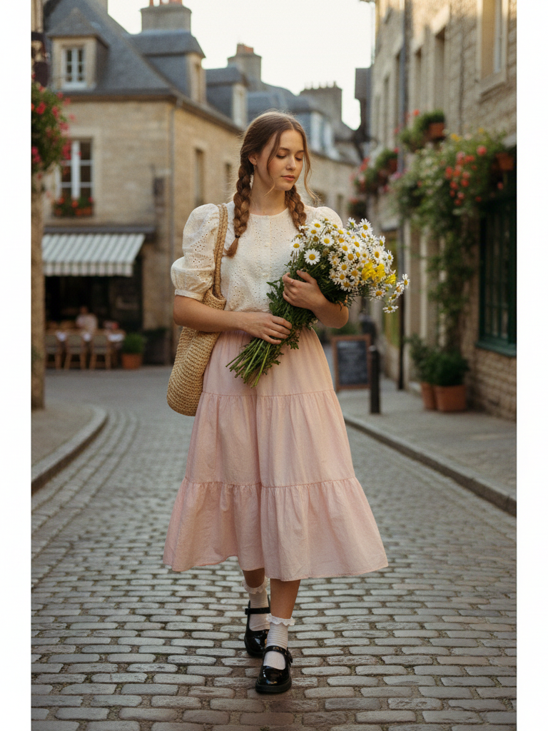 Puff-Sleeve Blouse + Tiered Midi Skirt + Mary Jane Shoes