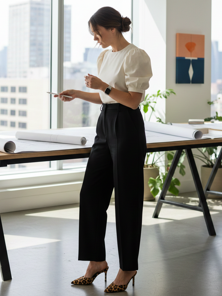 Puff Sleeve Top + Wide-Leg Trousers + Mules