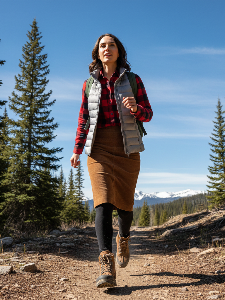 Puffer Vest + Flannel + Corduroy Skirt + Boots