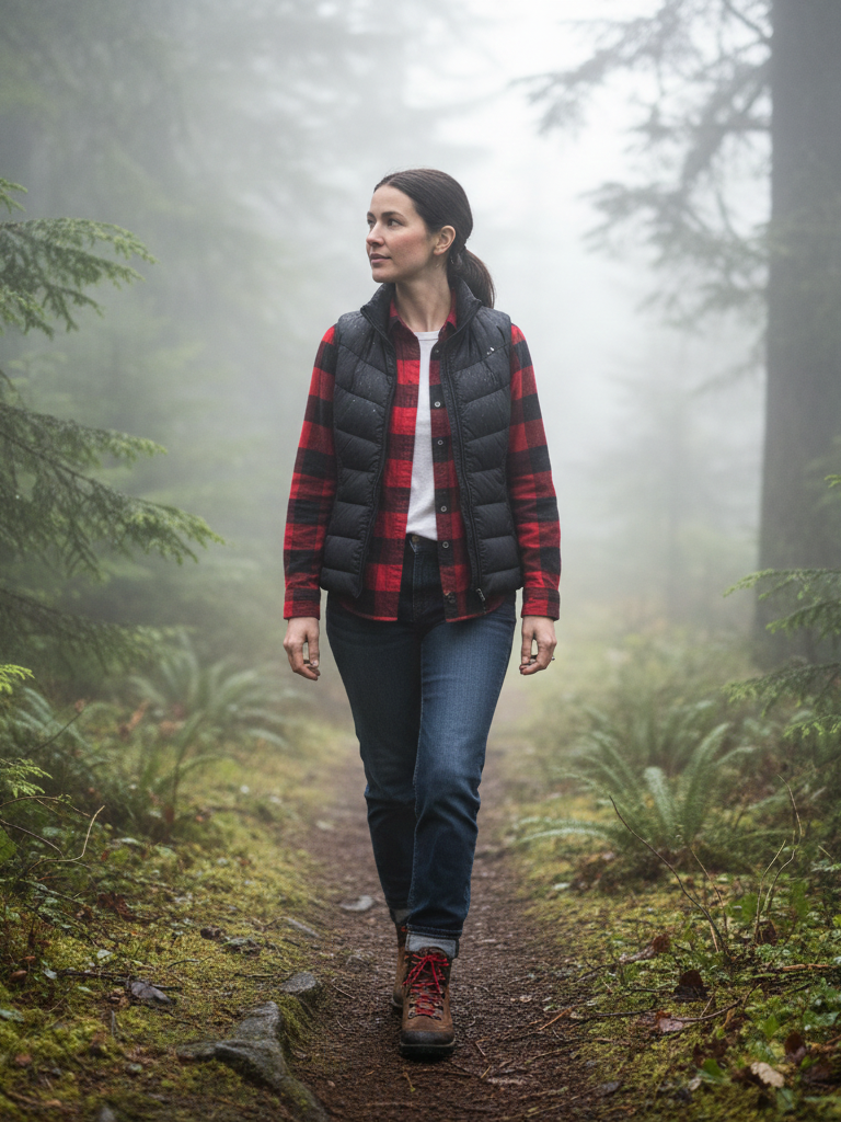 Puffer Vest + Flannel + Jeans + Boots