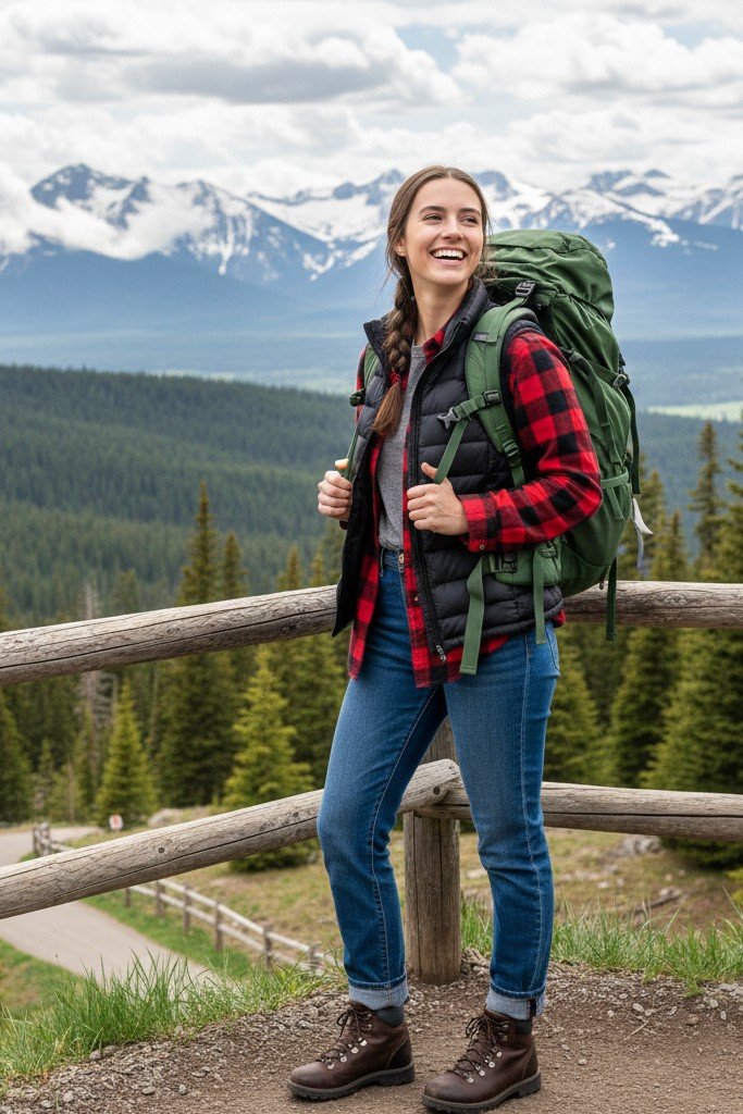Puffer Vest + Flannel + Jeans + Hiking Boots