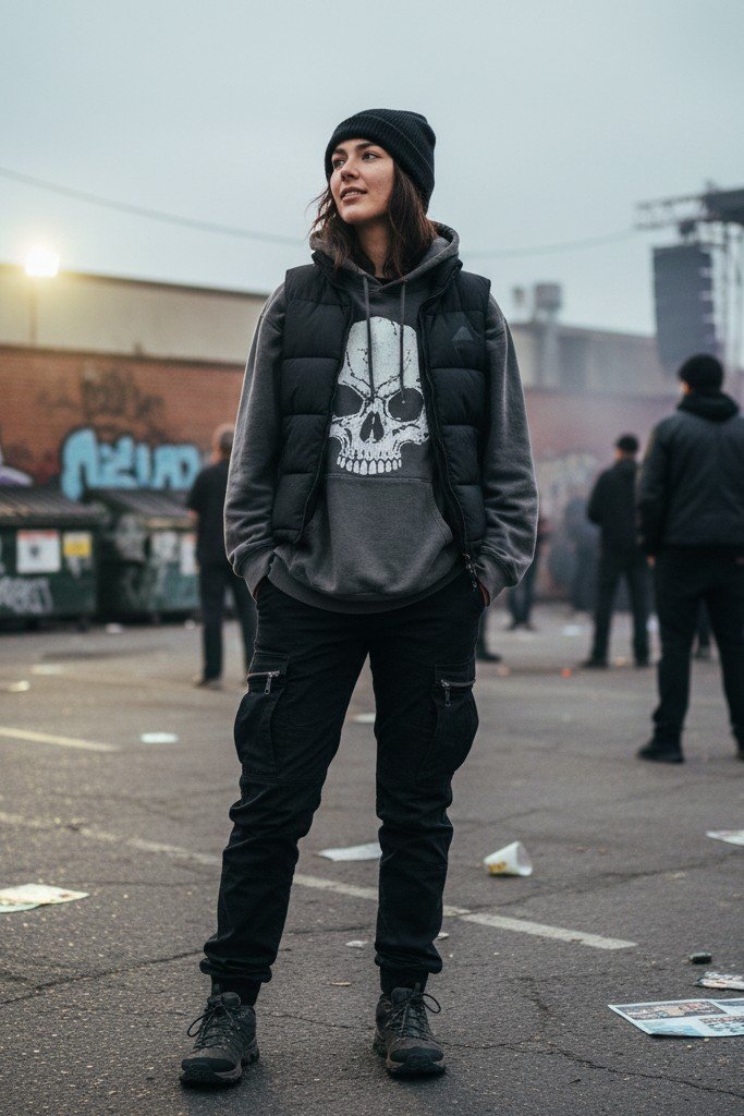 Puffer Vest + Graphic Hoodie + Cargo Pants + Trail Runners