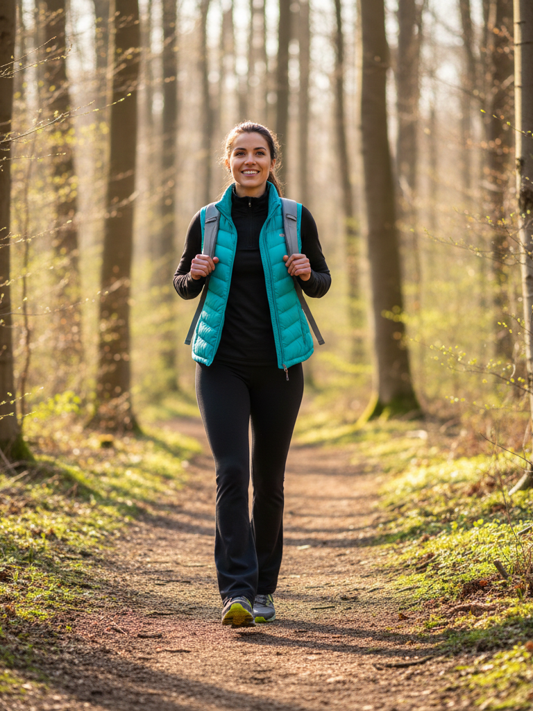 Puffer Vest + Long Sleeve Tee + Flare Leggings + Trail Runners
