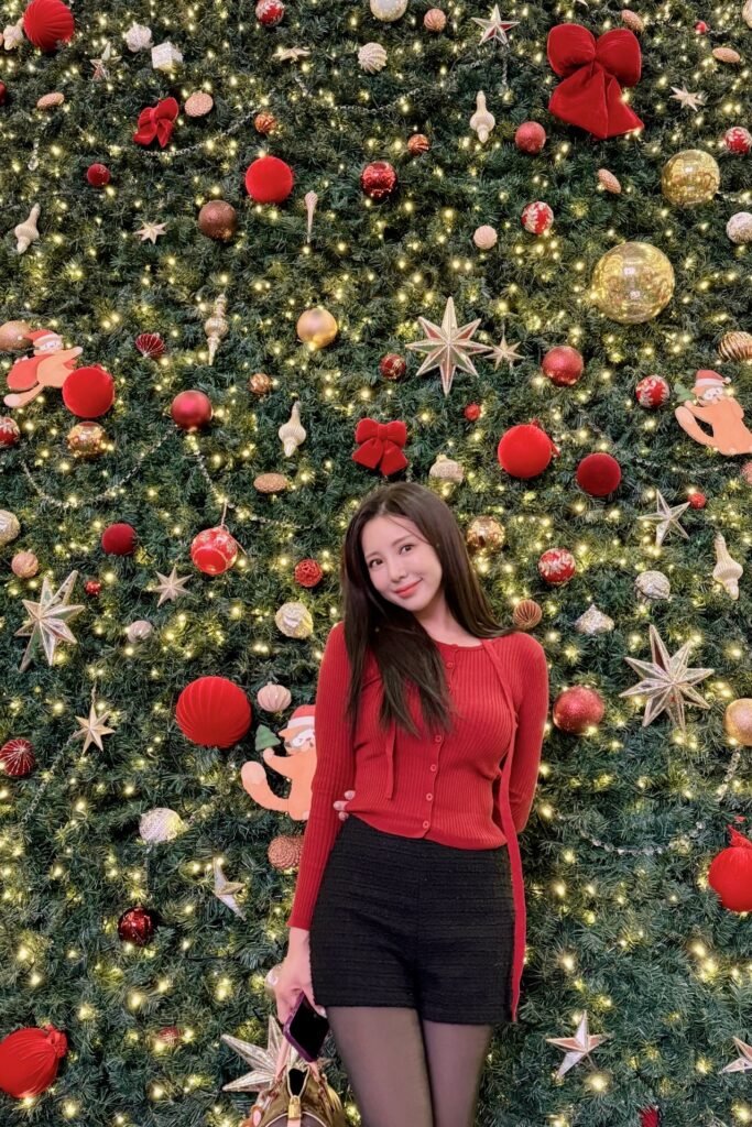 Red Button-Up Cardigan + Black Tweed Shorts + Sheer Black Tights