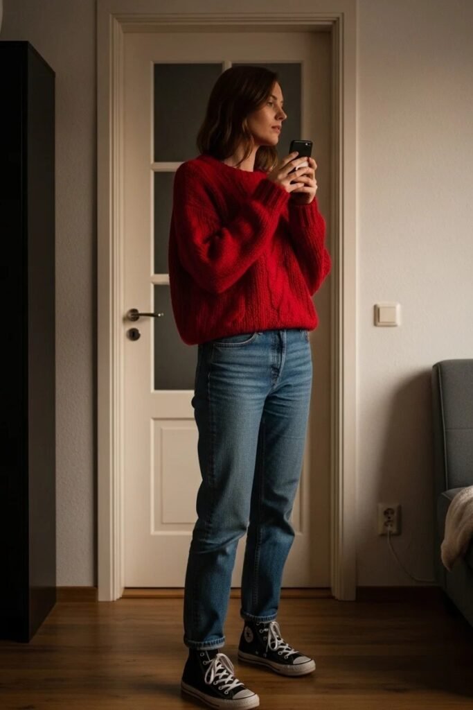 Red Chunky Knit Sweater + Medium Wash Straight-Leg Jeans + Black High-Top Sneakers