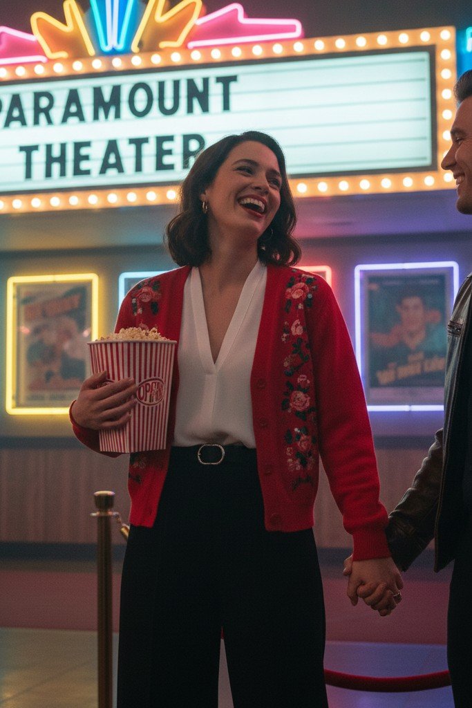 Red Embroidered Cardigan + White Ruffled Blouse + Black Flared Trousers