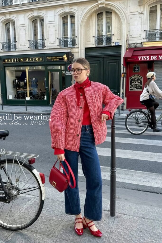 Red Gingham Quilted Jacket + Red Turtleneck + Dark Wash Wide-Leg Jeans + Red Mary Jane Heels