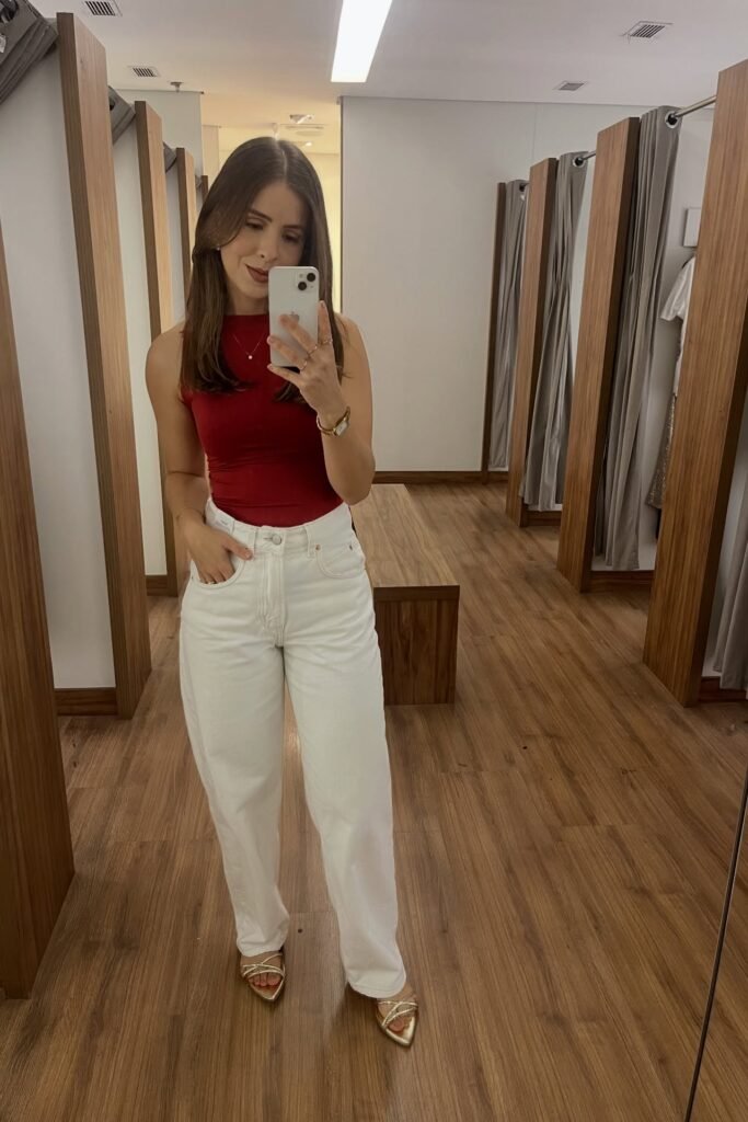 Red High-Neck Tank Top + Off-White Wide-Leg Jeans + Gold Strappy Sandals