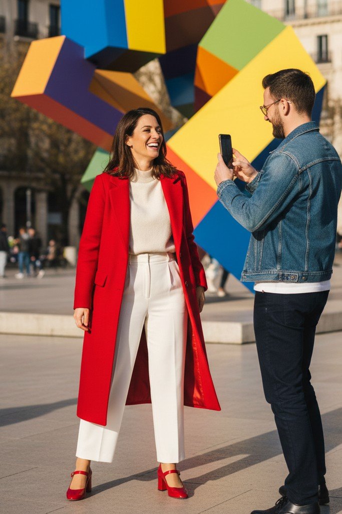 Red Long Coat + Cream Mock-Neck Sweater + White Trousers + Red Mary Jane Heels