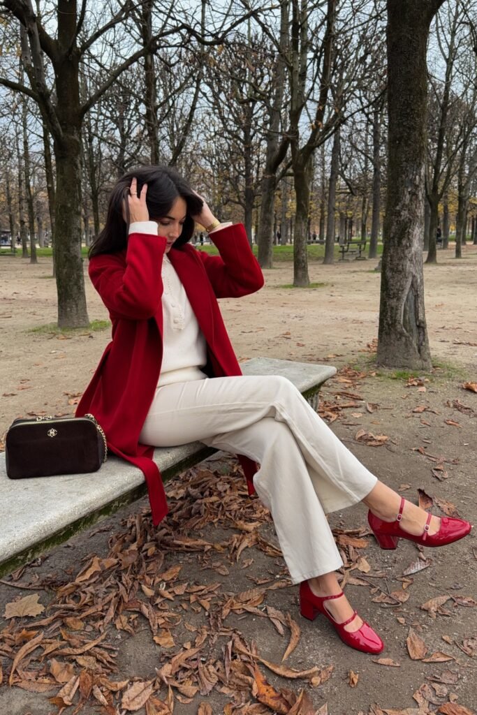 Red Long Coat + Cream Mock-Neck Sweater + White Trousers + Red Mary Jane Heels