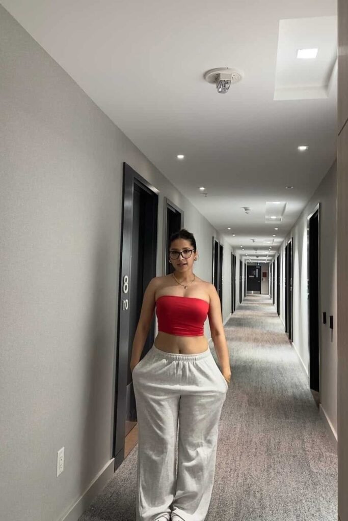 Red Strapless Tube Top + Heather Grey Wide Leg Sweatpants