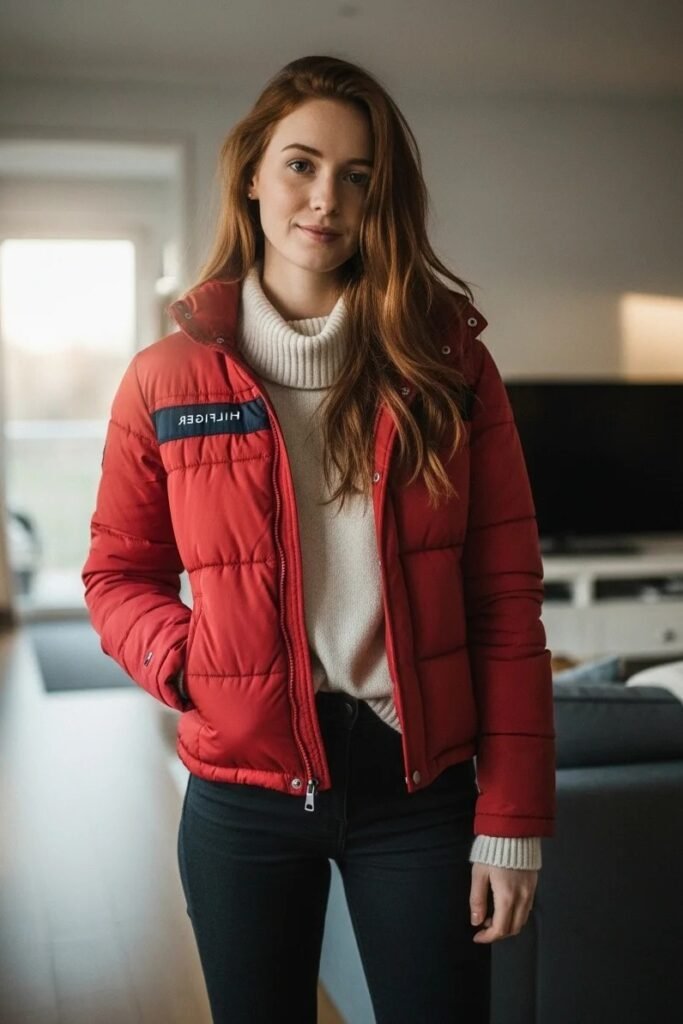 Red Tommy Hilfiger Puffer Jacket + White Turtleneck Sweater + Dark Skinny Jeans