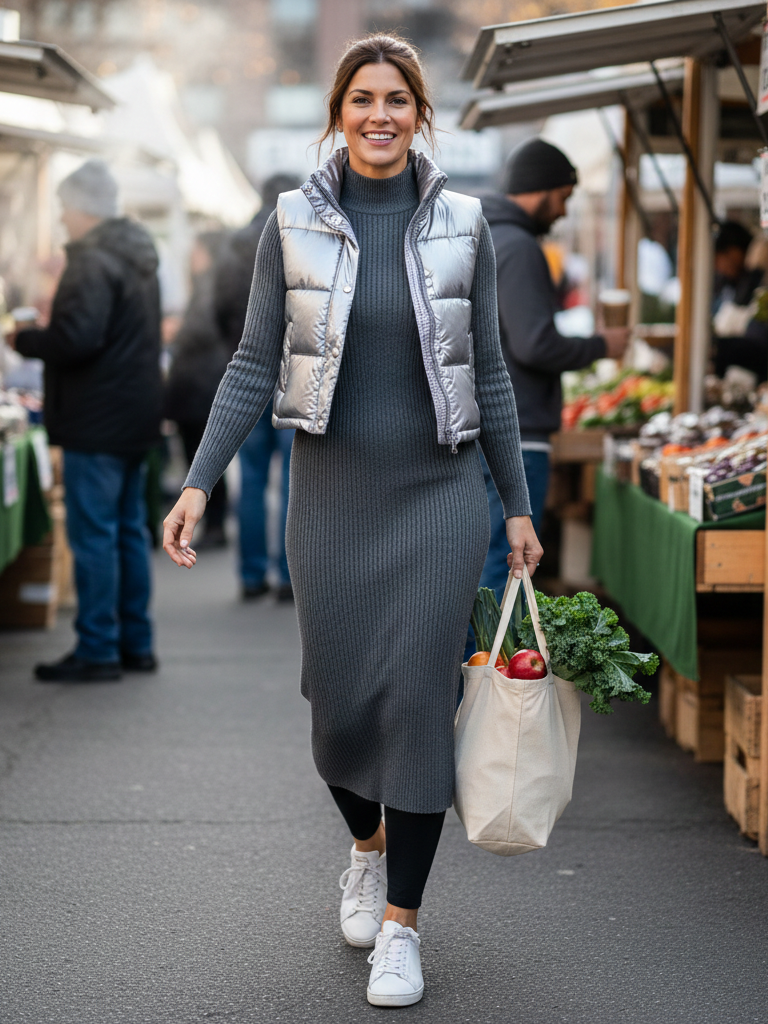 Ribbed Knit Dress + Puffer Vest + Leggings & Sneakers