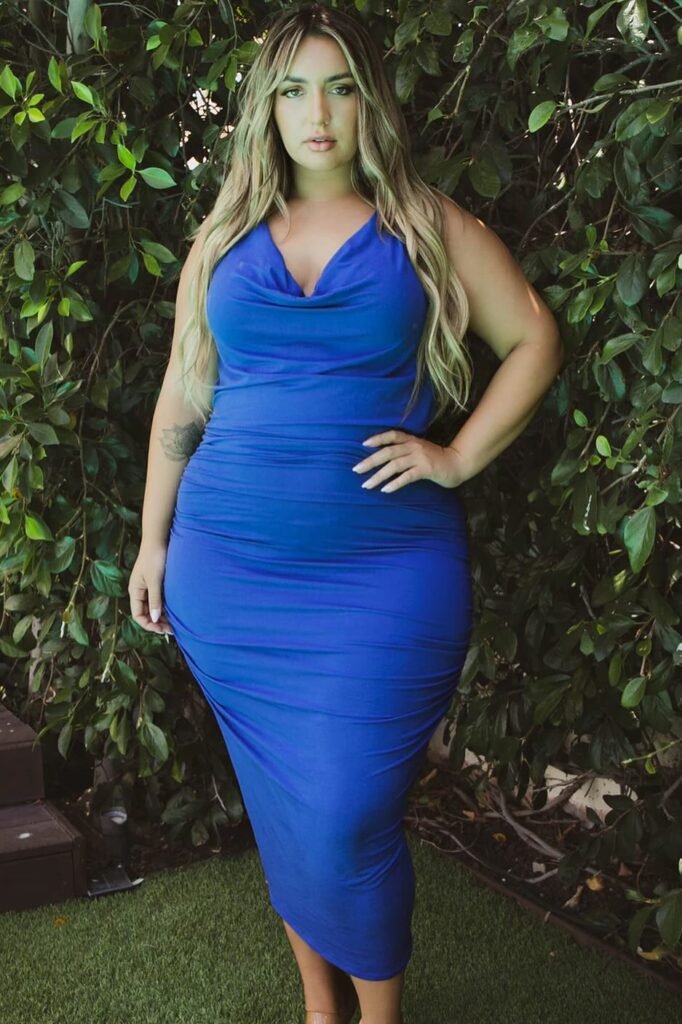 Royal Blue Cowl-Neck Bodycon Midi Dress + Clear Heeled Sandals