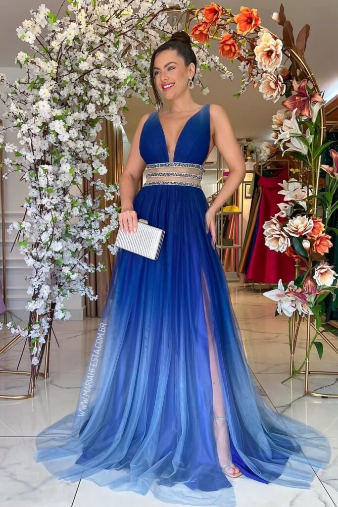 Royal Blue Ombré Tulle Gown + Crystal Waist Cutouts + Silver Ribbed Clutch