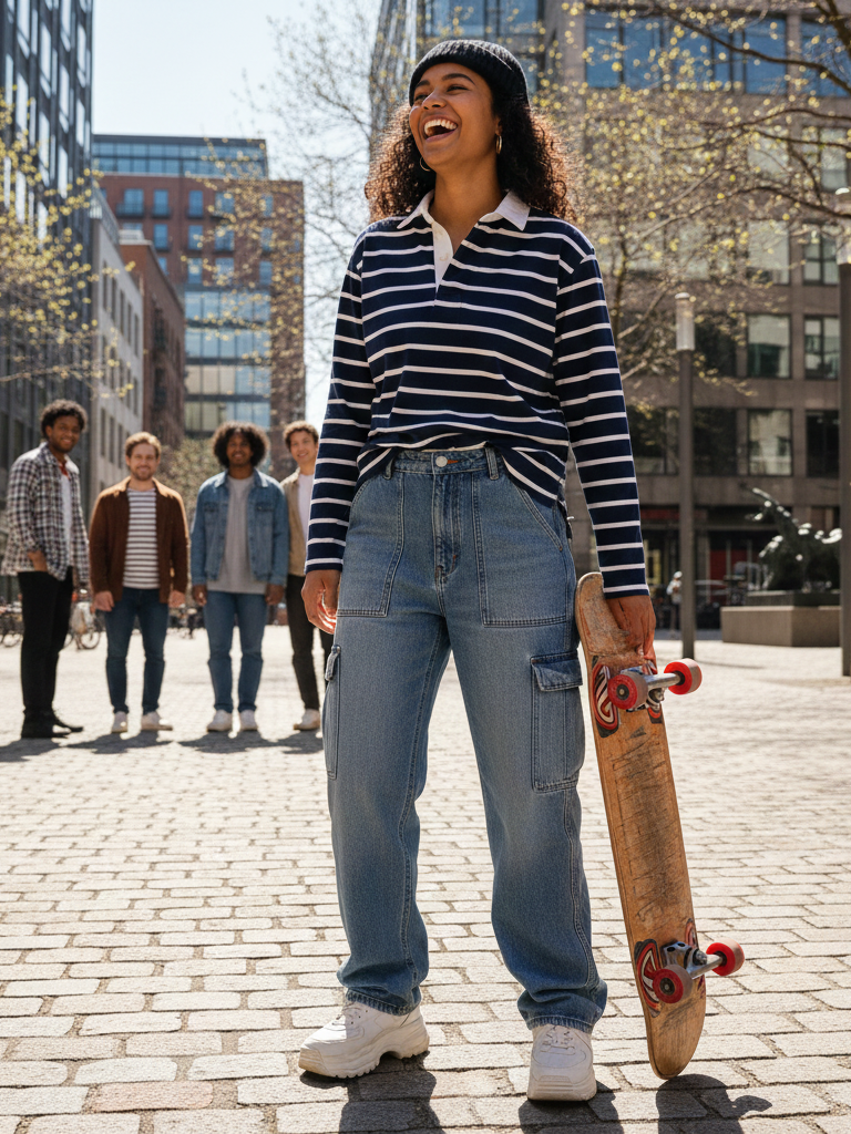 Rugby Polo + Cargo Jeans + Chunky Sneakers + Beanie