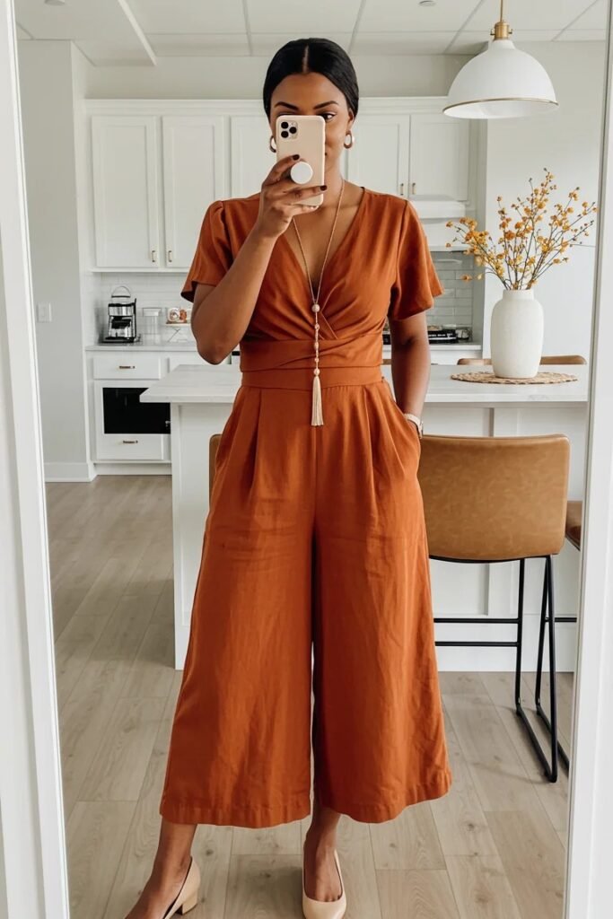  Rust Orange V-Neck Jumpsuit + Nude Block Heels + Tassel Necklace