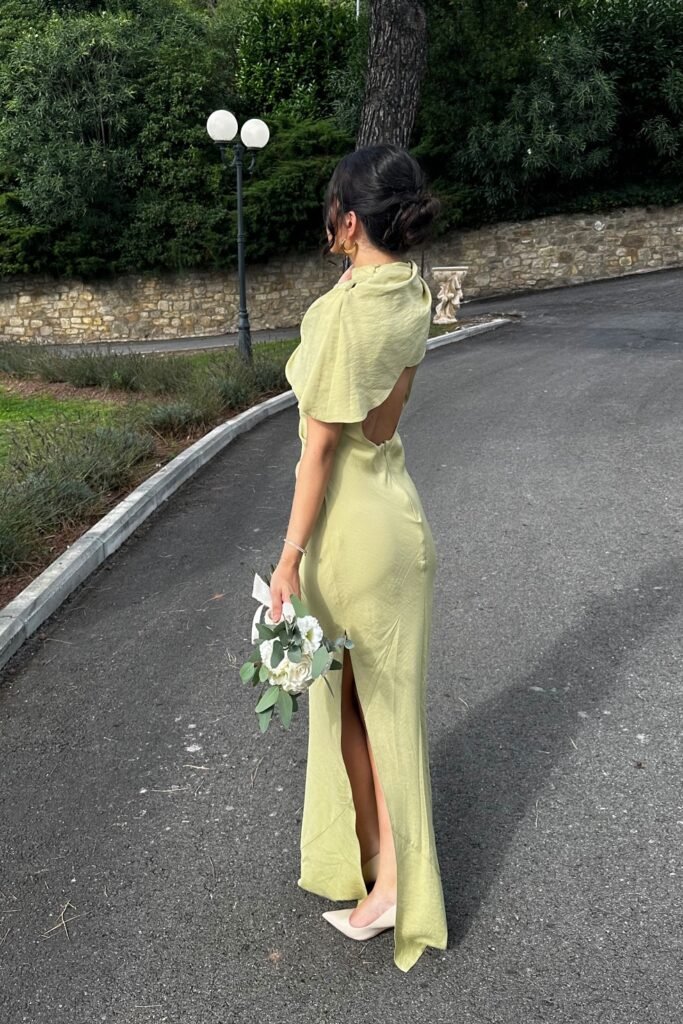 Sage Green Backless Cowl Neck Gown + Cream Pointed-Toe Heels + White Floral Bouquet