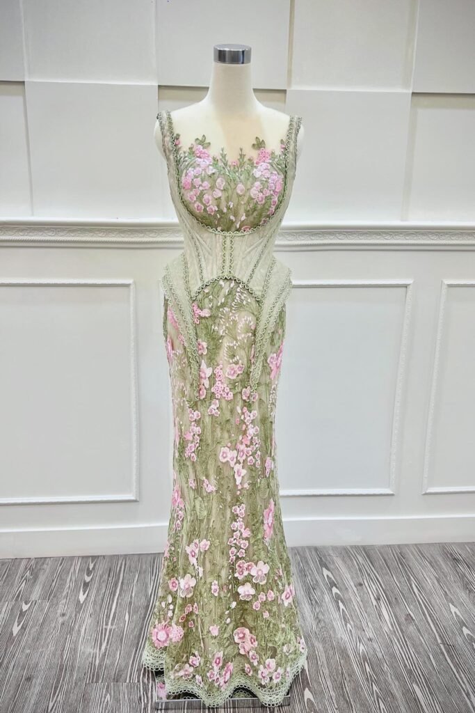 Sage Green Corset Gown + Pink Floral Lace Appliqué + Sheer Embroidered Skirt