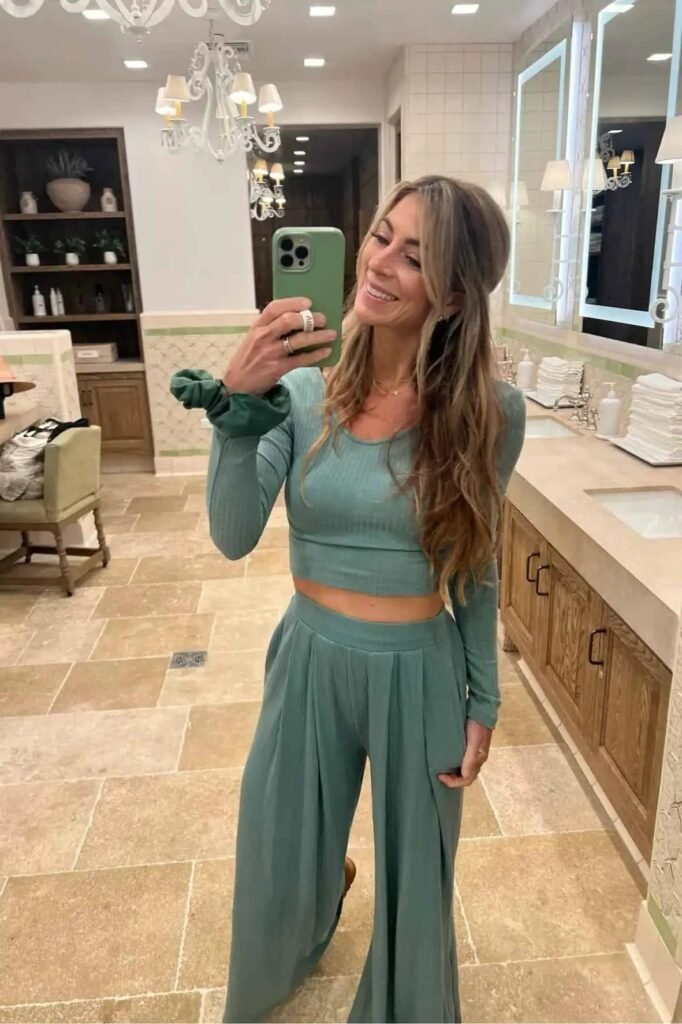Sage Green Ribbed Crop Top + Matching Wide Leg Ribbed Trousers + Green Scrunchie