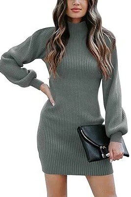 Sage Green Ribbed Mock-Neck Mini Dress + Long Puff Sleeves + Black Leather Tassel Clutch