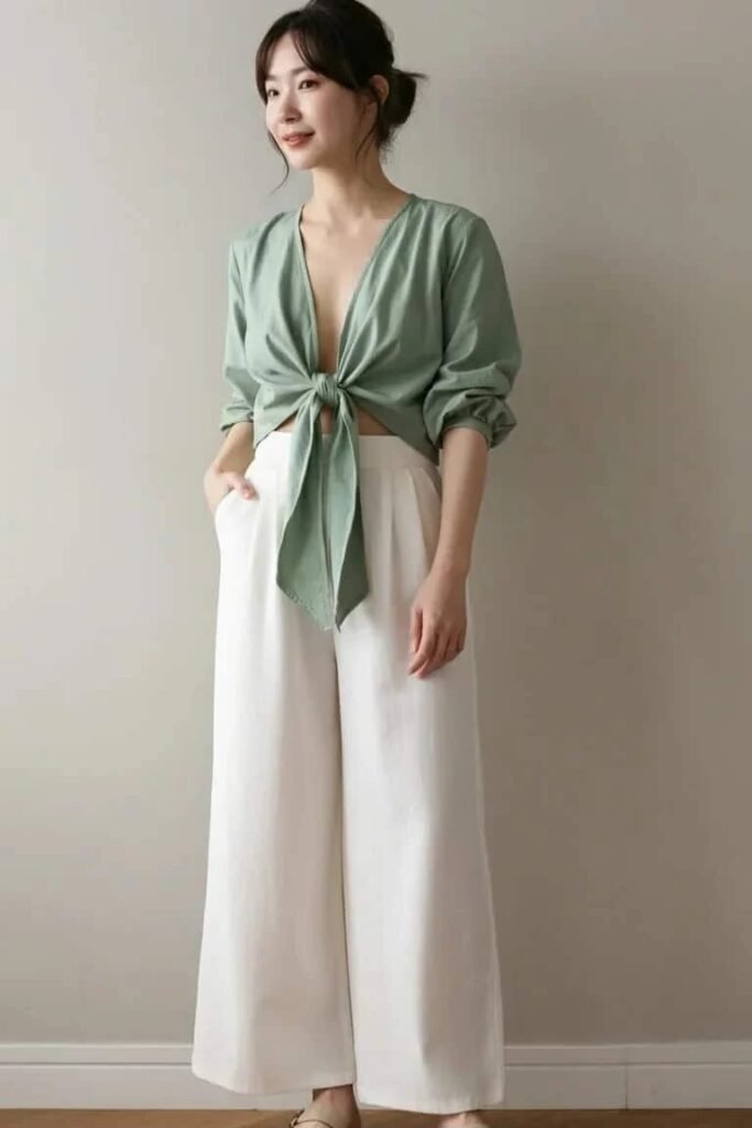 Sage Green Tie Front Blouse + White Wide Leg Trousers + Gold Sandals