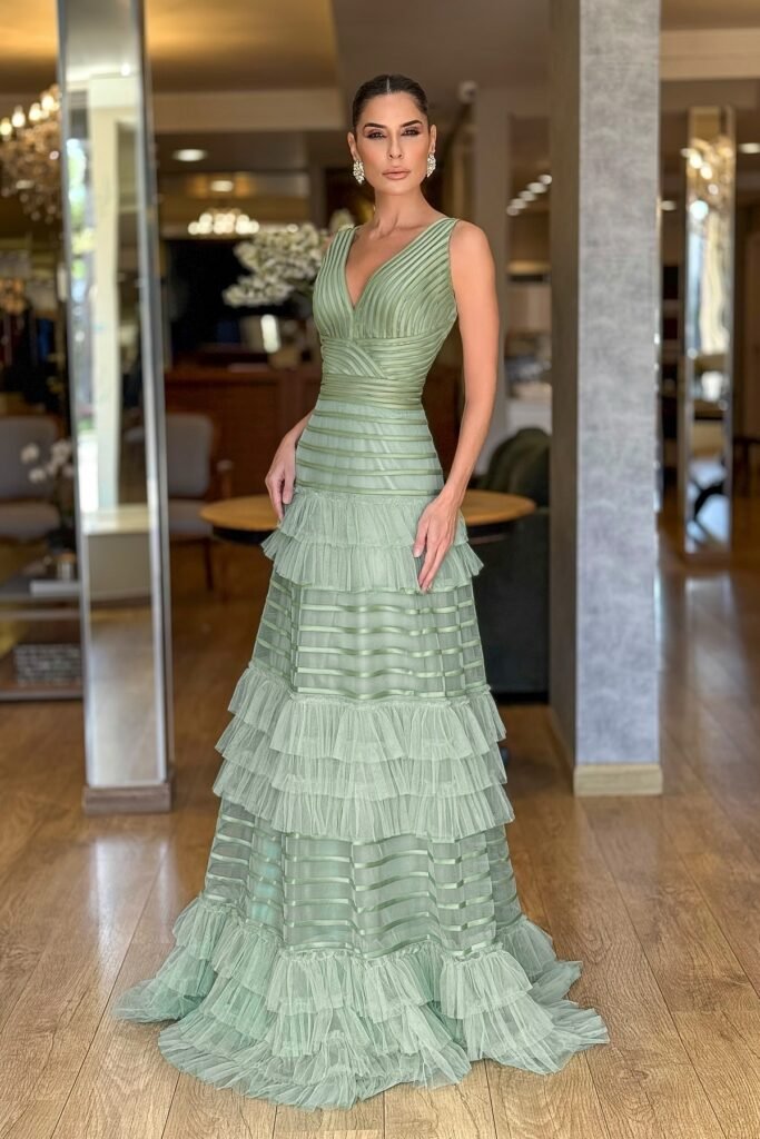Sage Green V-Neck Tiered Tulle Gown with Striped Bodice