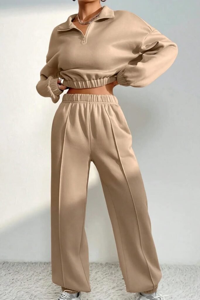Sand Quarter Zip Cropped Pullover + Seamed Wide Leg Sweatpants + White Sneakers