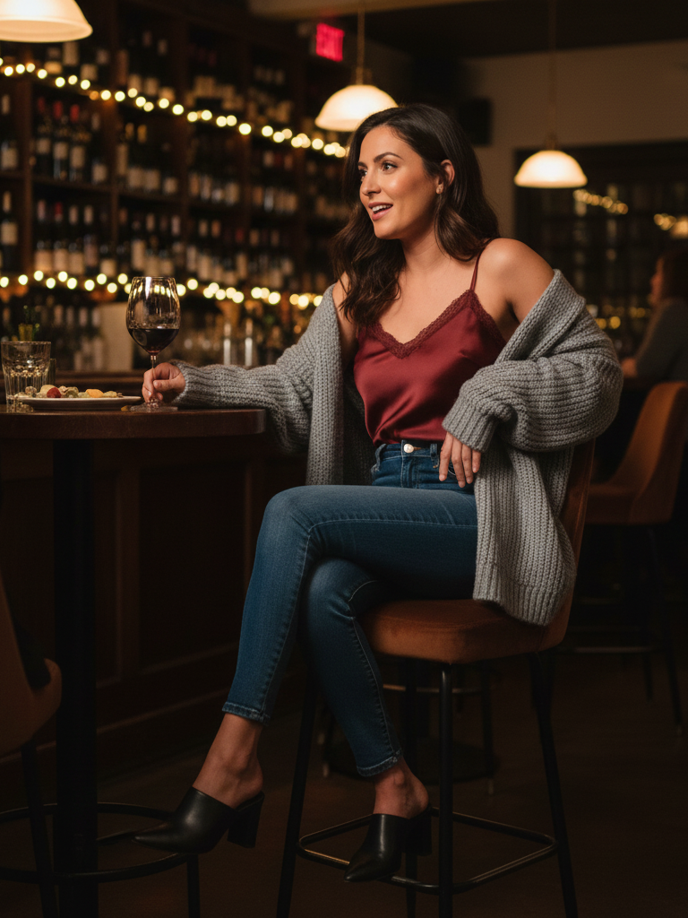 Satin Camisole + Cardigan + Jeans + Heels