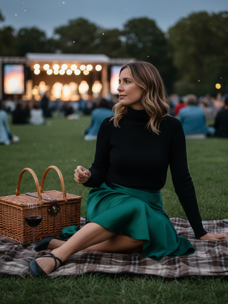 Satin Midi Skirt + Simple Knit + D'Orsay Flats