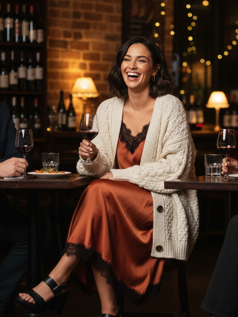 Satin Slip Dress + Chunky Knit