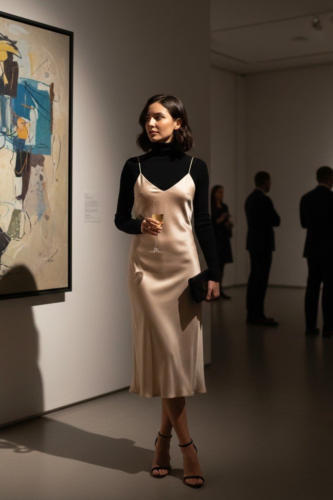 Satin Slip Dress + Turtleneck + Heeled Sandals