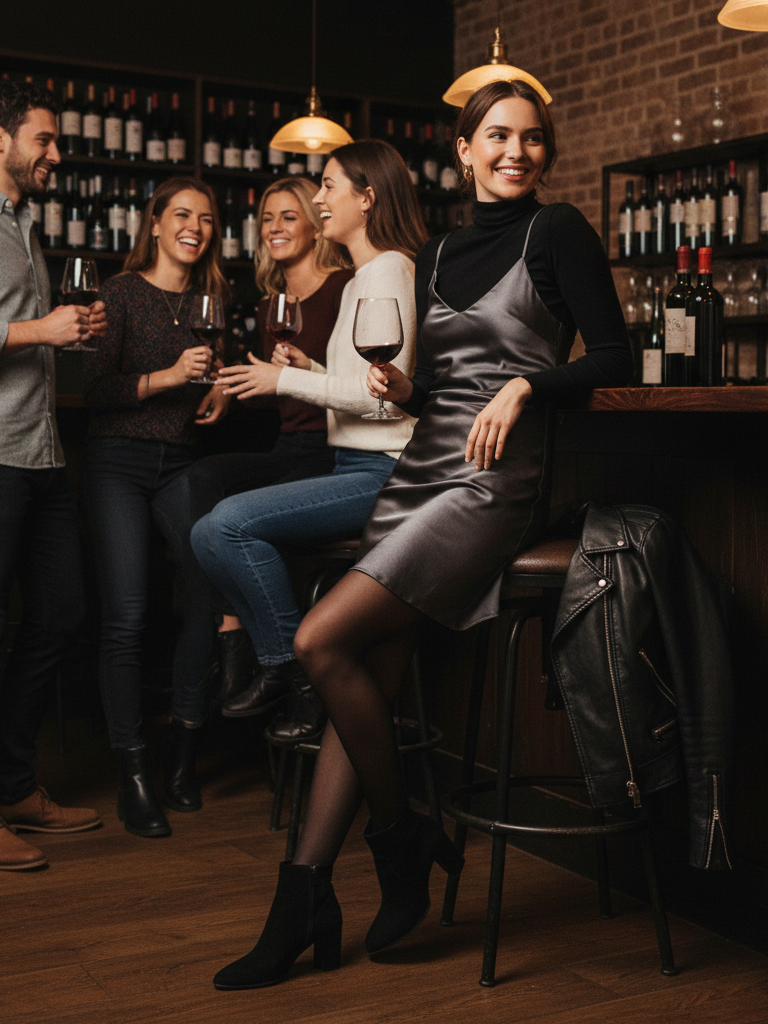 Satin Slip Dress + Turtleneck + Tights + Booties