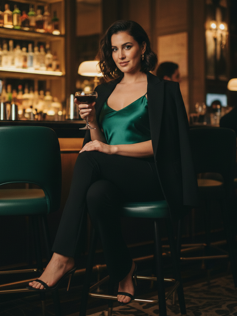 Satin Slip Top + Blazer + Flare Leggings + Strappy Heels