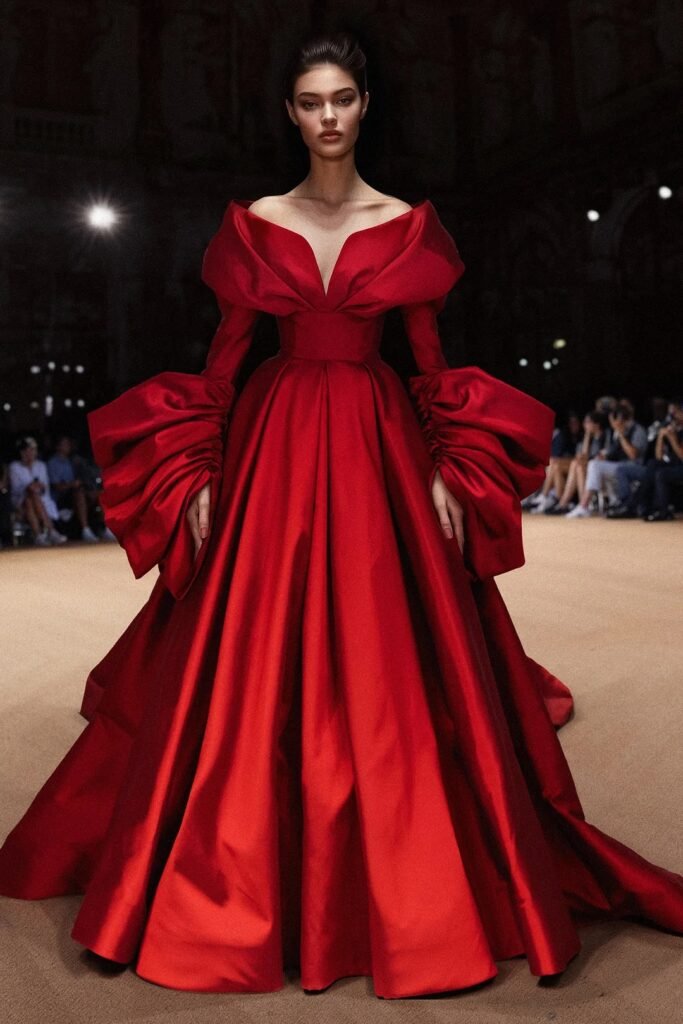 Scarlet Off-the-Shoulder Ballgown + Dramatic Puff Sleeves + Voluminous Pleated Skirt
