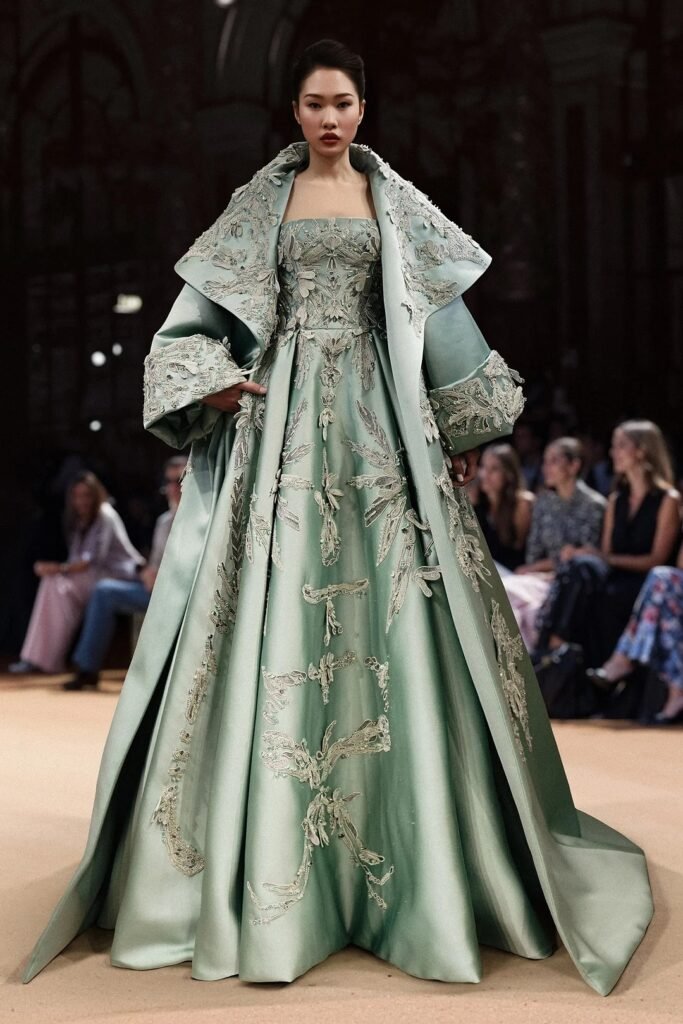Seafoam Green Brocade Ballgown + Matching Over-Sized Sculptural Coat