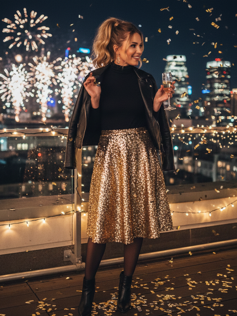 Sequin Midi Skirt + Turtleneck Bodysuit + Moto Jacket