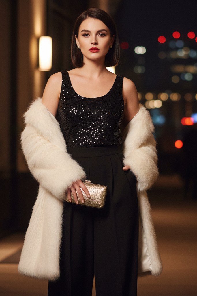 Sequin Top + Black Trousers + Faux Fur Coat